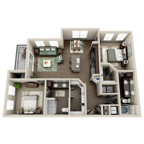 Floor plan for 2 beds, 2 baths, 1196 sqft